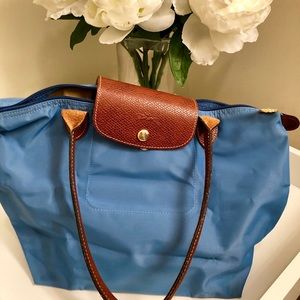Longchamp Blue Nylon Tote with Brown Leather Trim